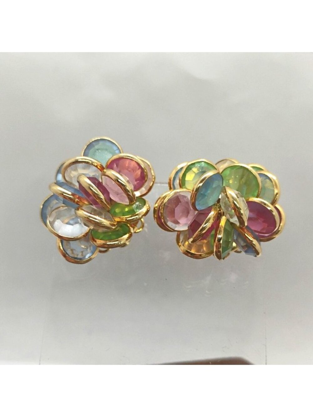 Vtg Bezel Set Crystal Cluster Earrings Gold Tone Pierced Pastel Colors - Picture 2 of 9